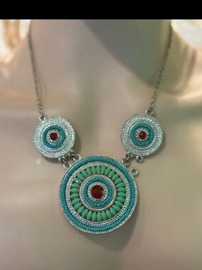 Statement Beaded Mandala Necklace with Turquoise & Red Accents